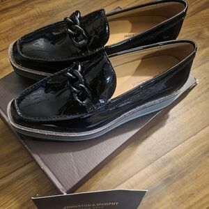 Johnston & Murphy Gracelynn Chain Black Patent Loafer Wedges For Women Size 7